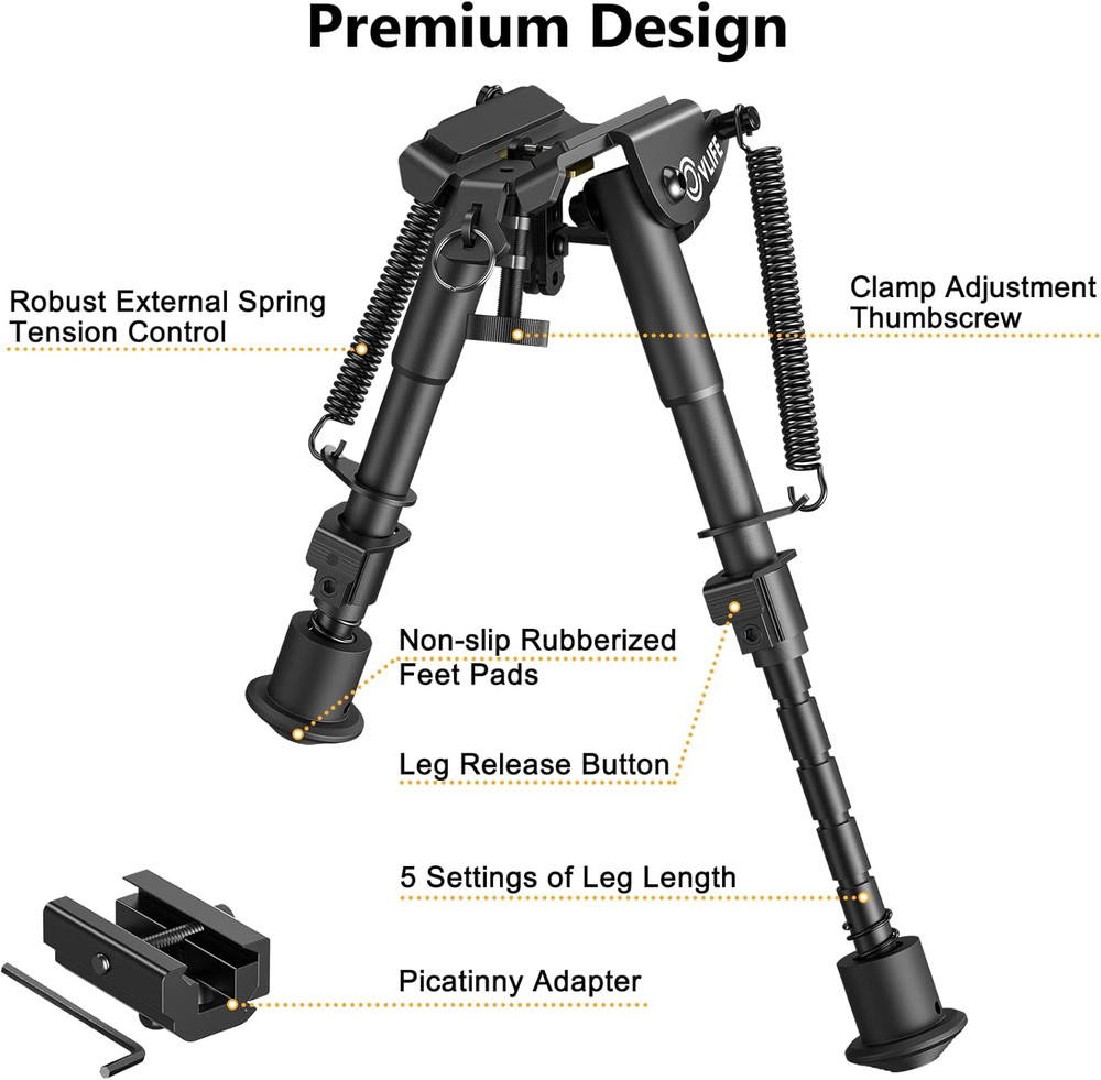 6-9" Picatinny Bipod Adjustable Spring Return with Rail Mount Adapter