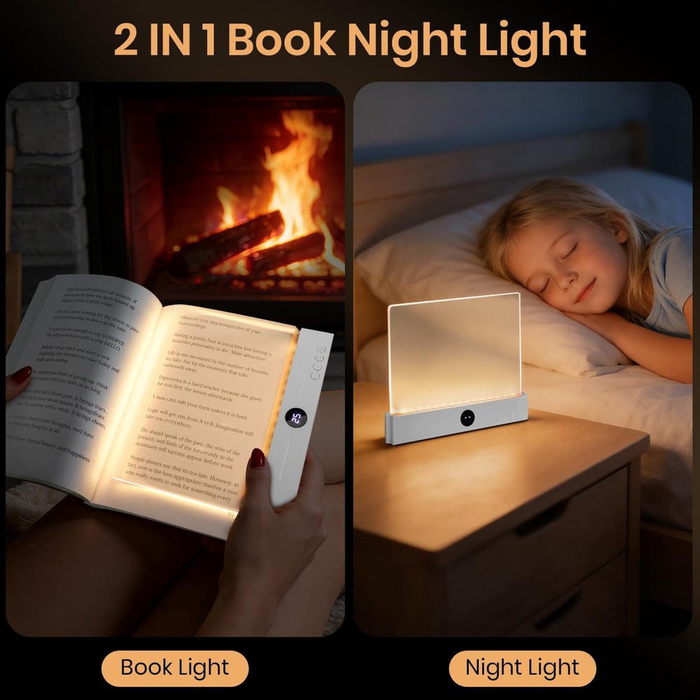 Clear LED Flat Book Reading Light 3 Color Timer Dimmable Full Page Lamp White