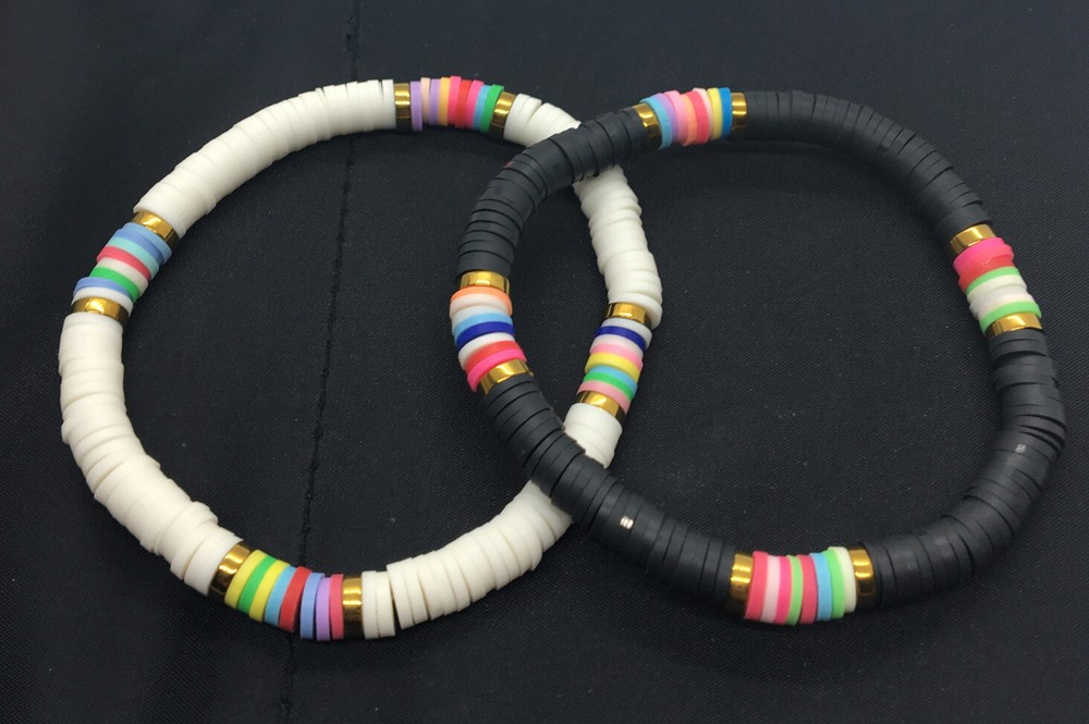 2 PC Set Handmade Heishi 7” Bracelet Stackable Multicolor African Vinyl New 2635