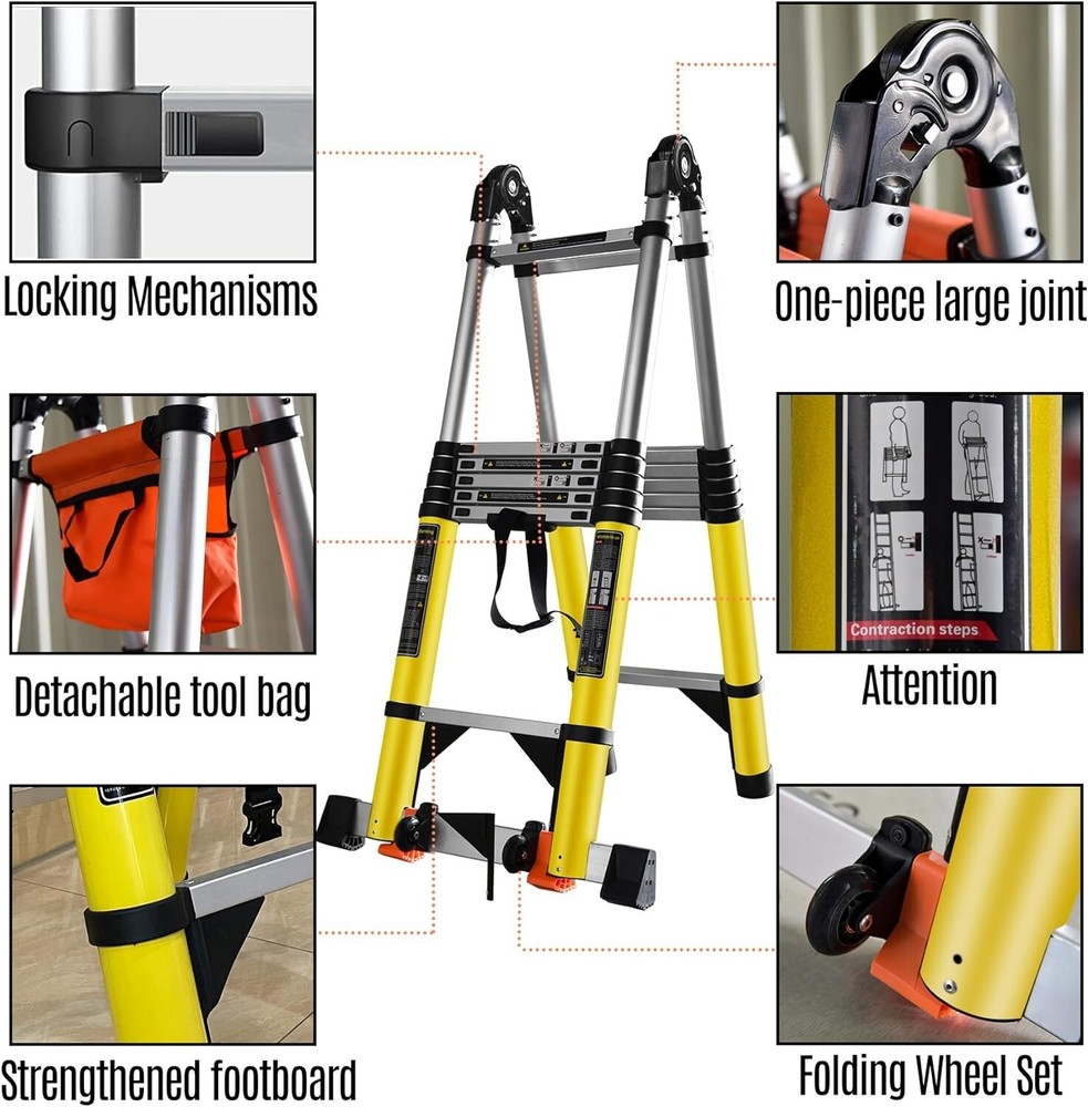 Telescoping Ladder A Frame, 18 Ft Compact Aluminum Extension Telescopic Step