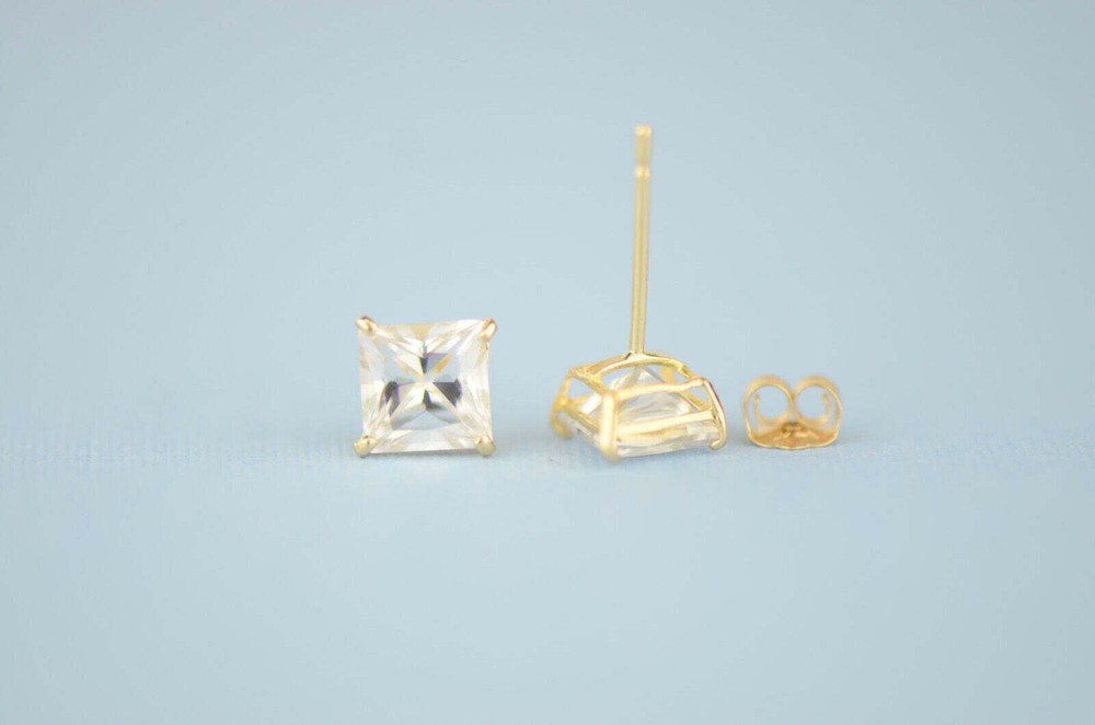 14k solid yellow gold square clear CZ basket set stud earrings 3mm-10mm