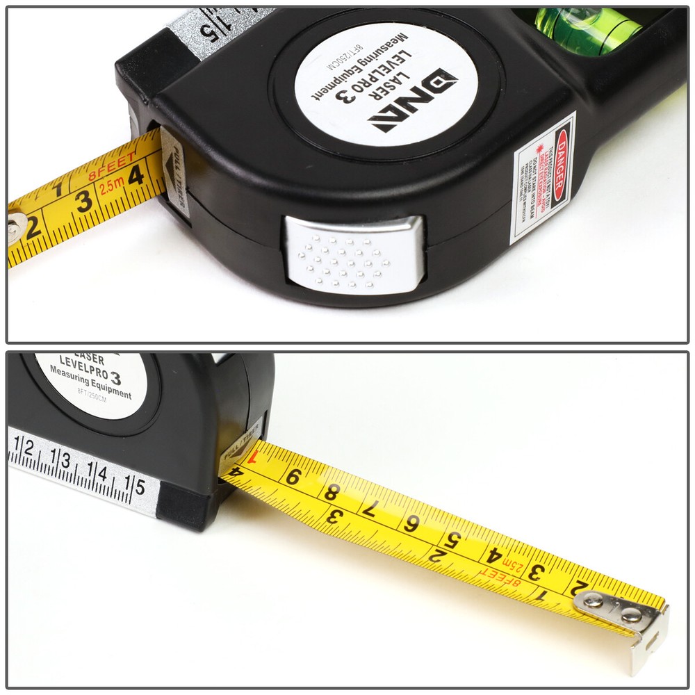 Multi-Use Horizontal+Vertical+Hairline Laser Bubble Level w/8ft Measuring Tape