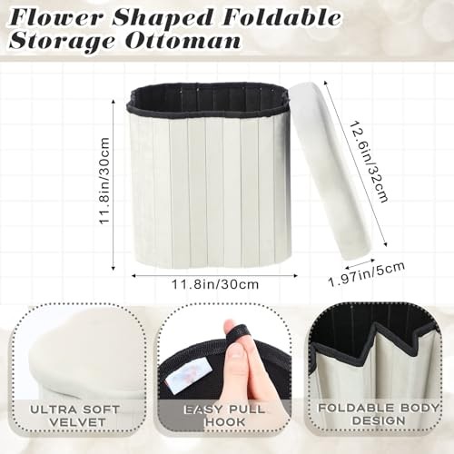 2 Pcs Storage Ottoman Flower Shaped Foot Stools Foldable Velvet Storage White