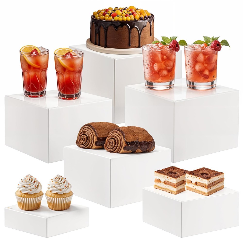 6 Pack White Acrylic Buffet Risers, Acrylic Boxes for Display with Hollow Bot...