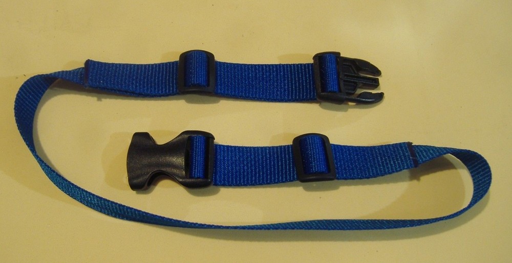 ADJUSTABLE BLUE WEB STRAP PLASTIC BUCKLE MAXIMUM 34" LONG 1" WIDE