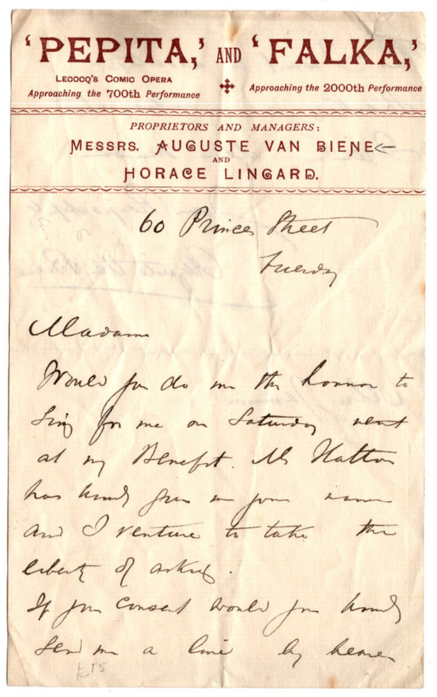 Auguste van Biene (1849-1913) Signed Letter / Autographed Dutch Cellist