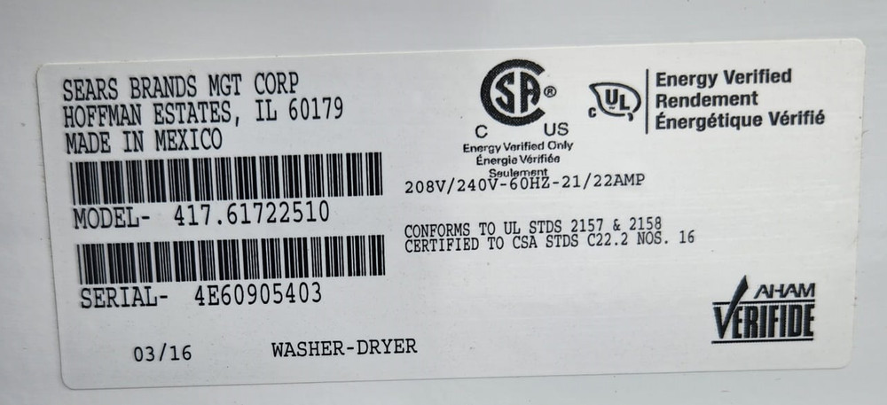 SEARS DOUBLE STACK WASHER AND DRYER MODEL 417.61722510 SERIAL NO 4E60905403[REF]