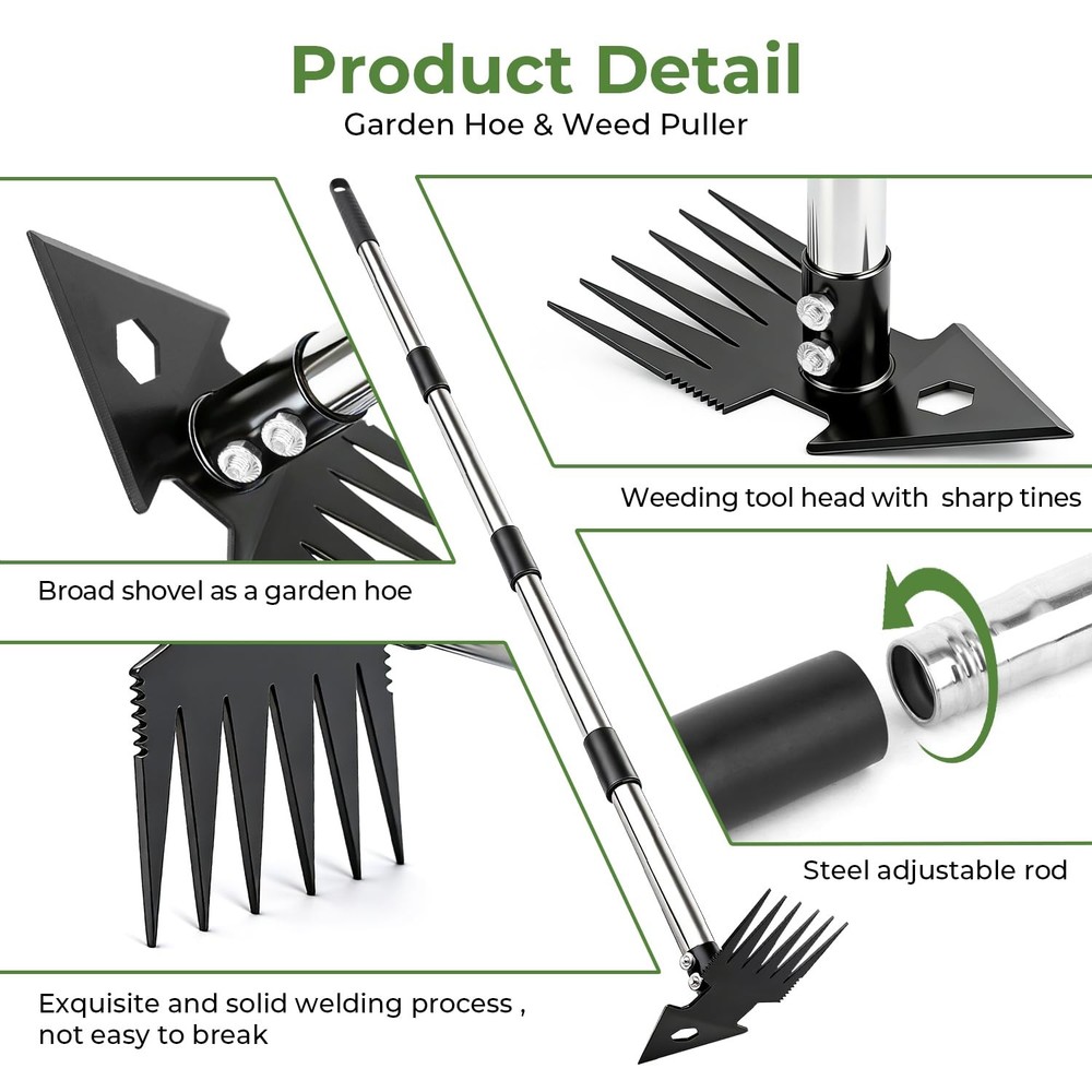 2-in-1 Weed Puller Tool,Dual-Head Weed Rake & Garden Hoe with Long Handle,Hea...