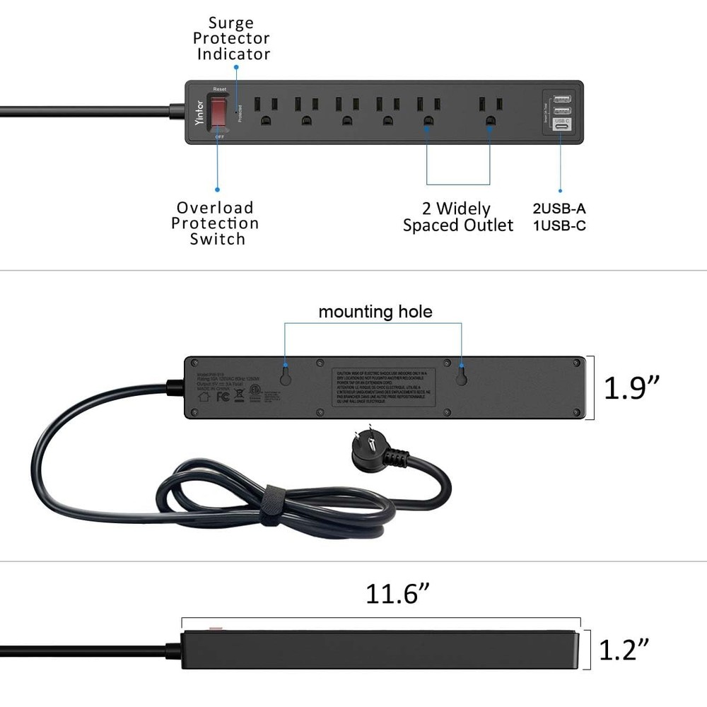 6Ft Power Strip Surge Protector - Extension Cord with 6 AC Outlets and 3 USB ...