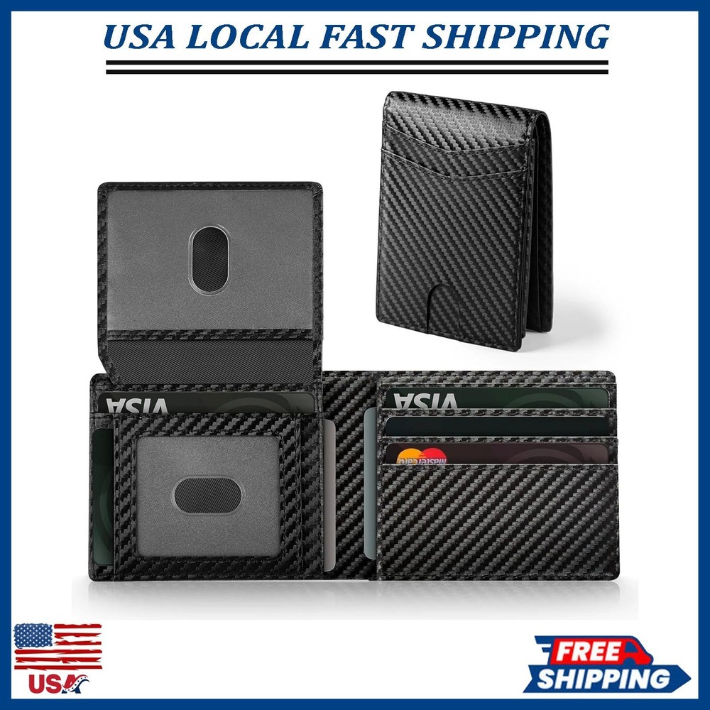 Mens RFID Blocking Wallet Slim Bifold Leather Carbon Fiber Black