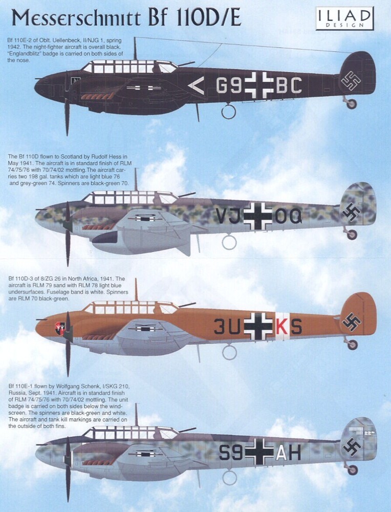 Iliad Decals 1/48 MESSERSCHMITT Bf-110D Bf-110E Fighter