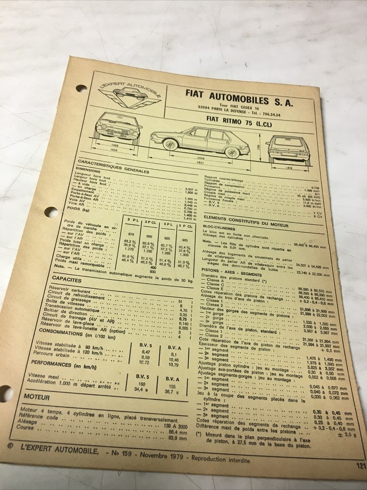 Automobile Technical Sheet Fiat Ritmo 75 L CL Edition 1979 BVM BVA