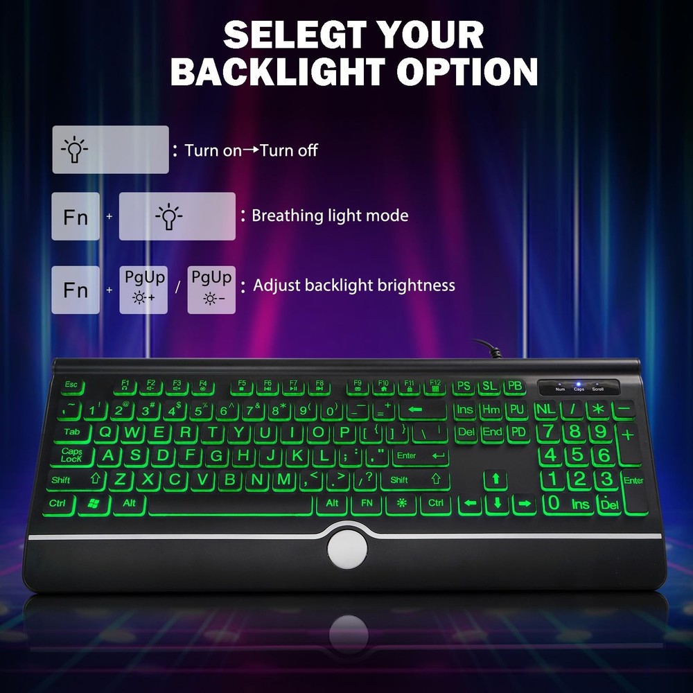 Large Print Backlit Computer Keyboard, 7-Color Backlit Keyboard with Wrist Re...