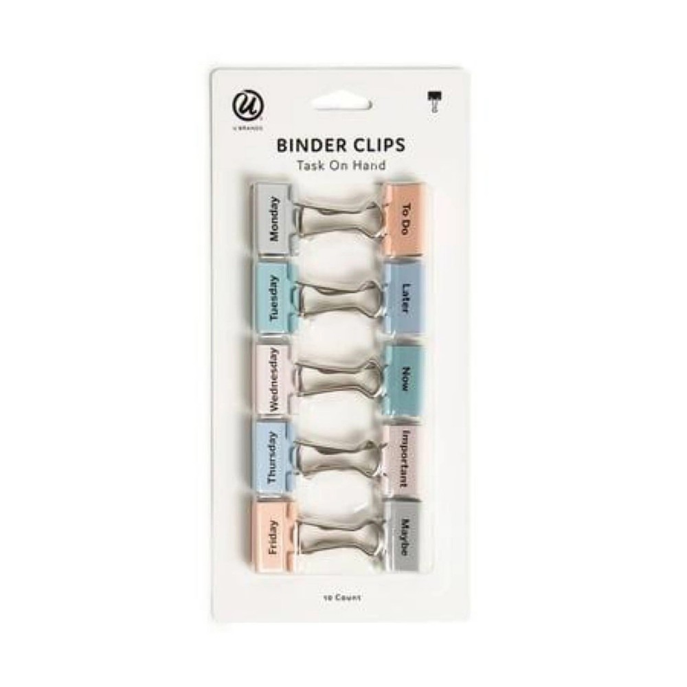 U Brands Task On Hand Binder Clips 10-Pack 32mm Labeled Days Tasks Pastel