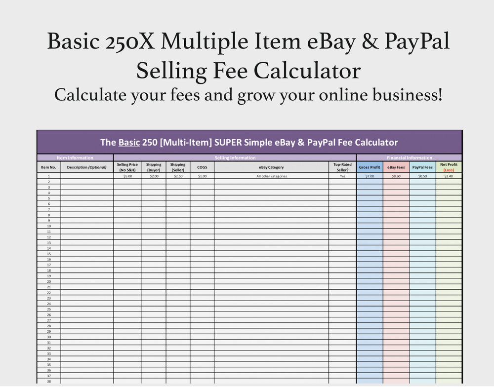 Basic 250X Multiple Item eBay & PayPal Selling Fee Calculator Excel + FREE