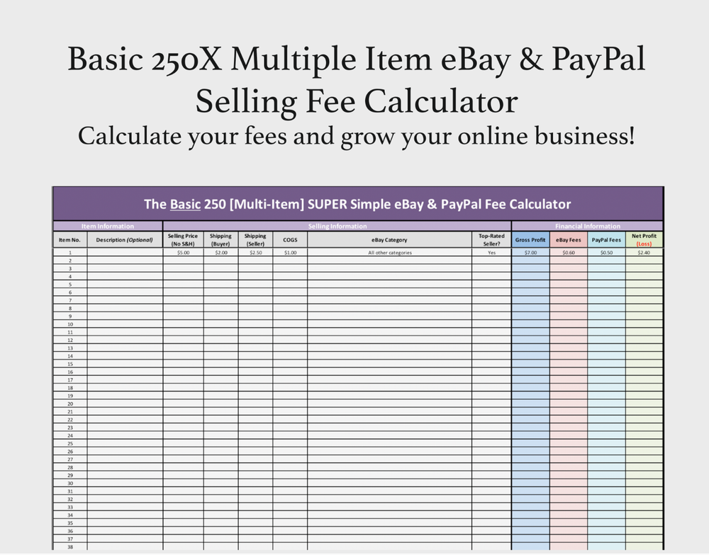 Basic 250X Multiple Item eBay & PayPal Selling Fee Calculator Excel + FREE