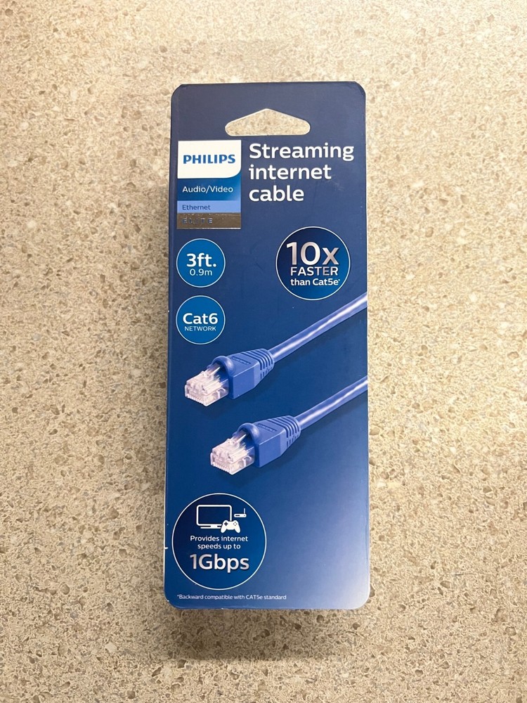 Philips Elite Cat6 Streaming Internet Cable 3ft Ethernet 1 Gbps Blue New