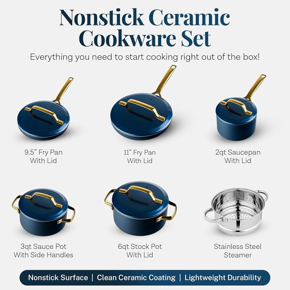 Gotham Steel Modern 11 Pc Ceramic Cookware Set, Elegantly Designed Pots and Pans