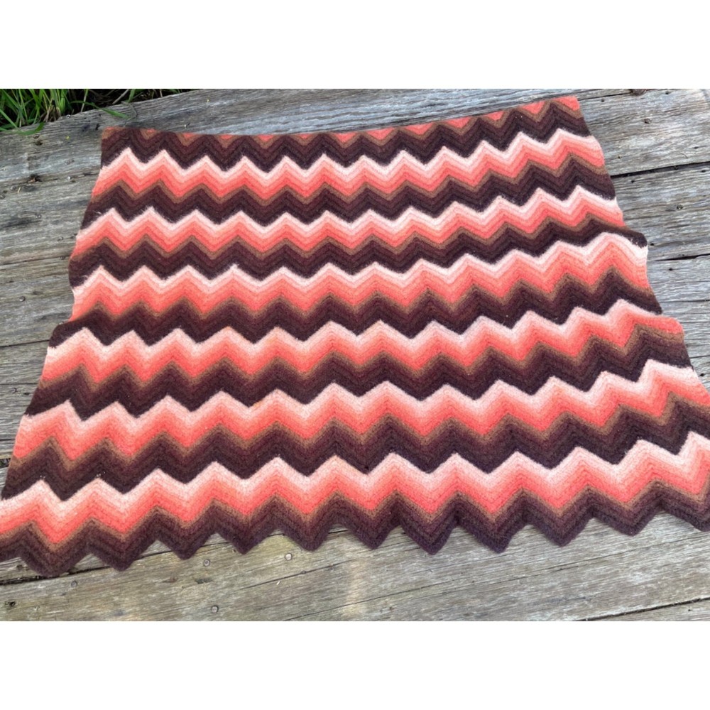 Vintage Chevron Wool Small Crochet Afghan Lapghan Orange Brown Retro