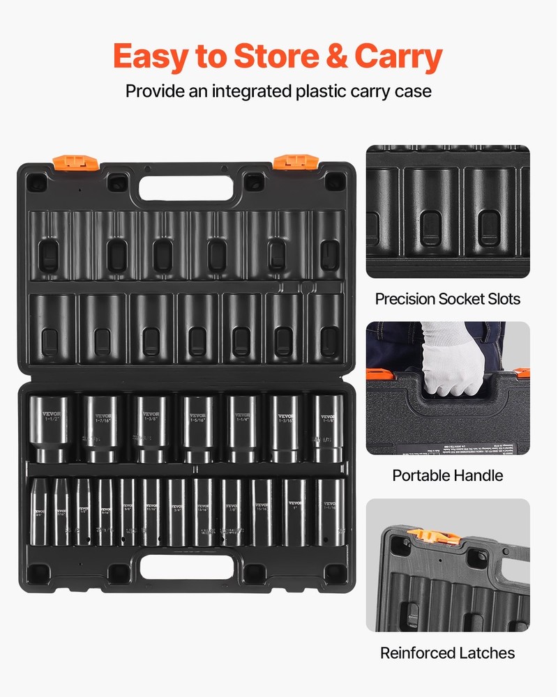 VEVOR Impact Socket Set,1/2" 19 Piece Impact Sockets,Deep Socket,6-Point Sockets