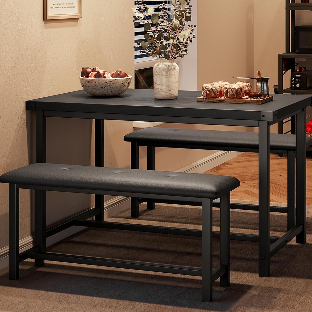 Dining Table Set 4 Kitchen Table W/ Upholstered Bench 3 Piece Rectangular Dining