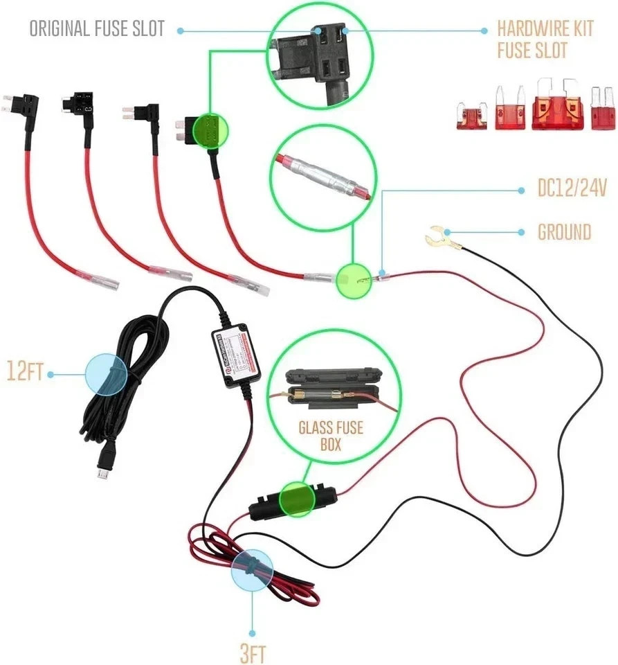 Universal Dash Cam Hardwire Kit Micro/Mini USB Type C 12-24V to 5V for Car DVR