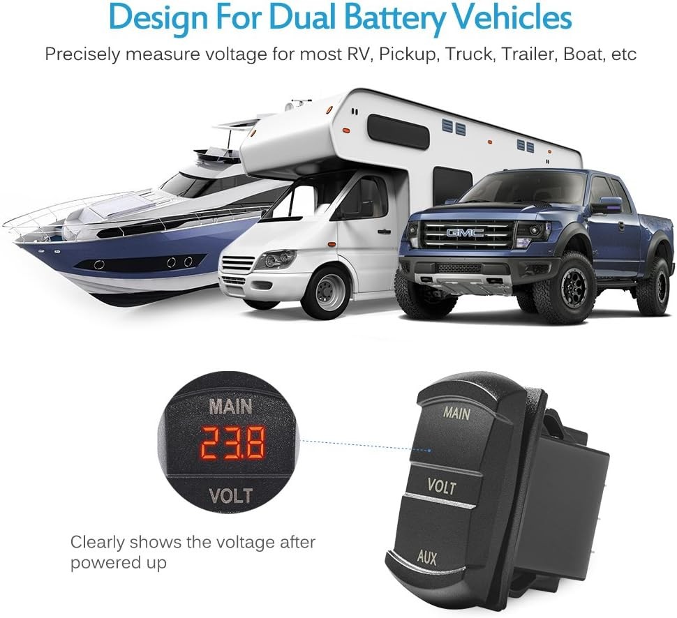 LED Digital Panel Double Voltmeter, Rocker Switch Style Voltage Monito