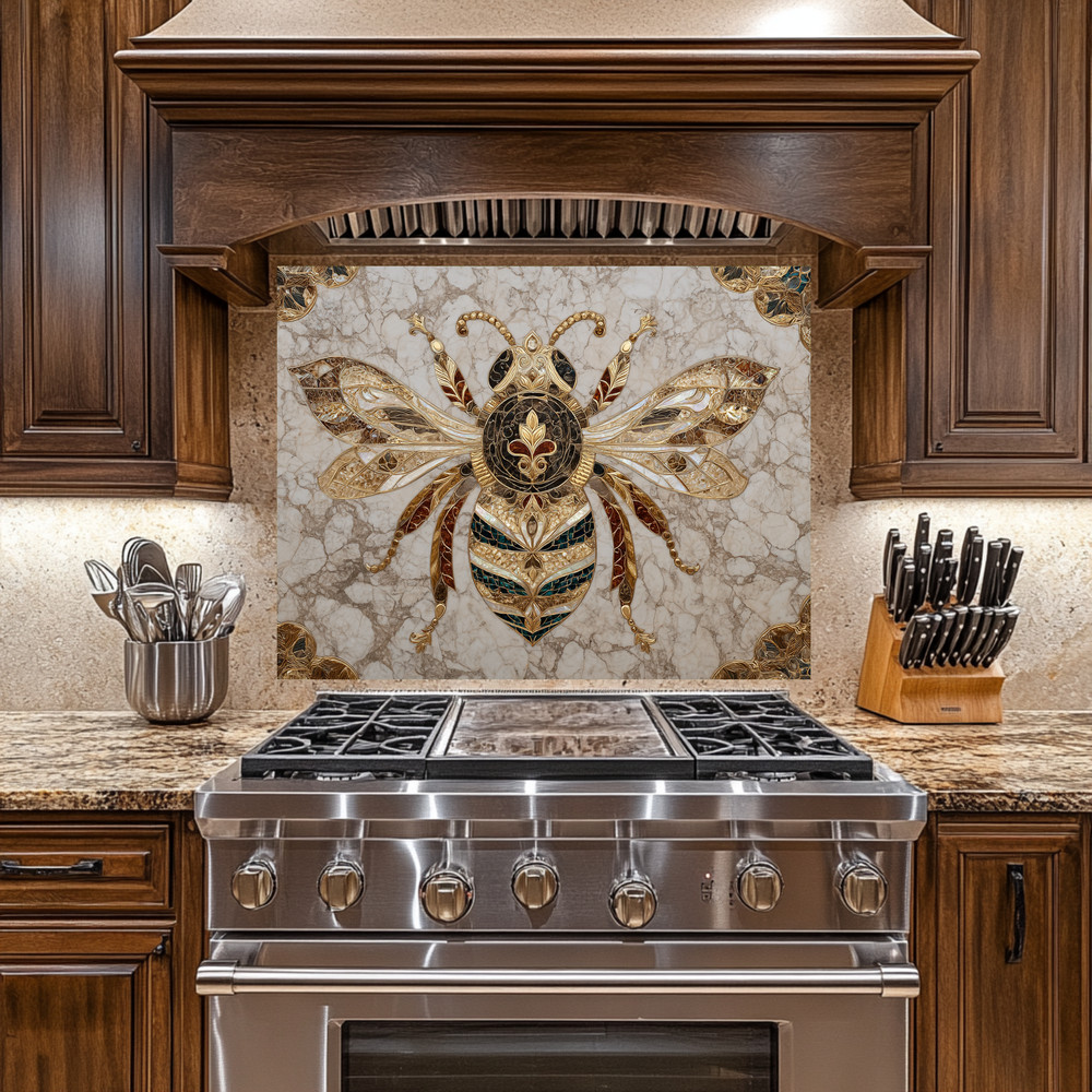 Gold Marble Look Bee Print Backsplash, Tempered Glass Kitchen Backsplash