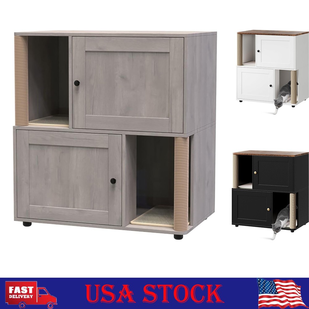 2 Tiered Cat Litter Box Enclosure Double Layer w/ Cat Scratching Post and Board