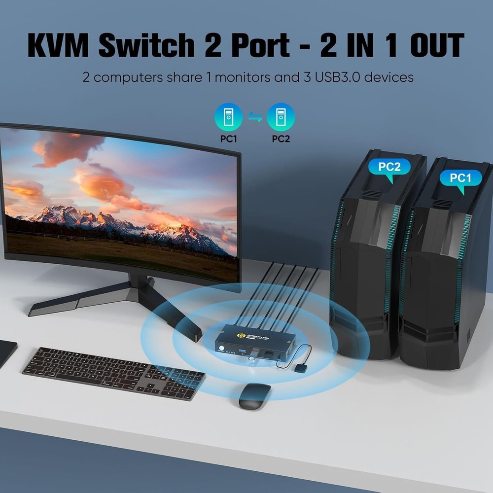 Seamless 8K@60Hz KVM Switch for 2 PCs: Button & Remote Control - Compact Design
