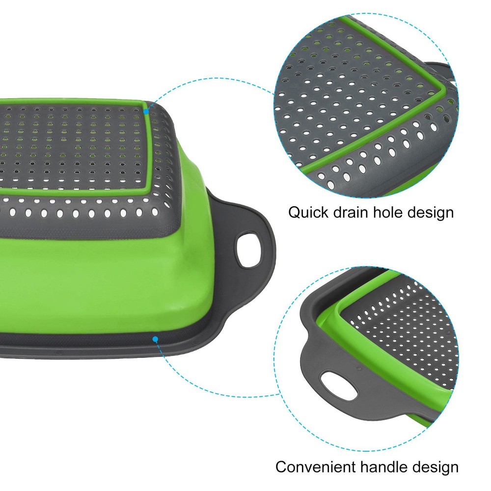 Collapsible Colander Set, 2 Pcs Silicone Square Foldable Strainer - Green Small