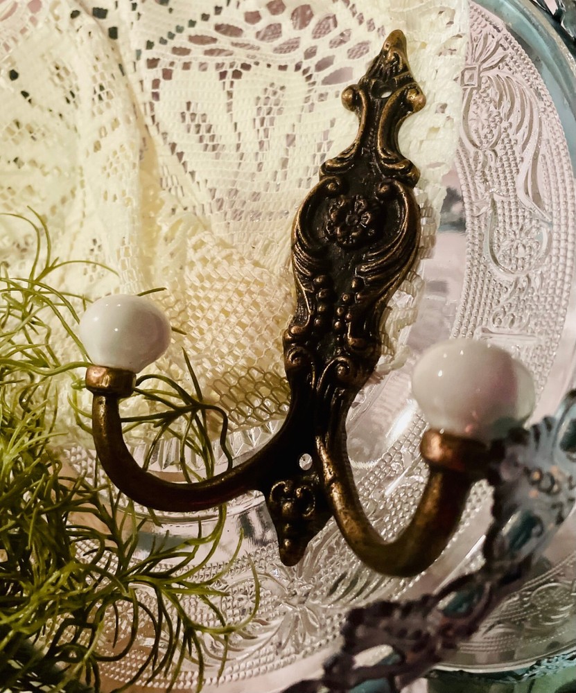 Old Bath Robe Coat Hook Hall Mirror Fancy Decorated Solid Brass Porcelain Knobs