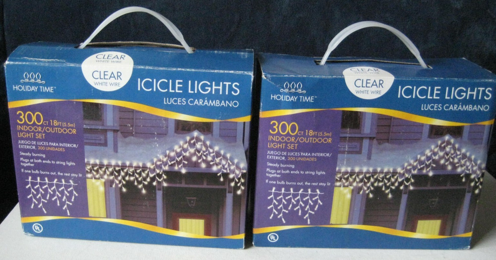 2-Boxes Holiday Time 300ct (each box) Clear Icicle Light White Wire