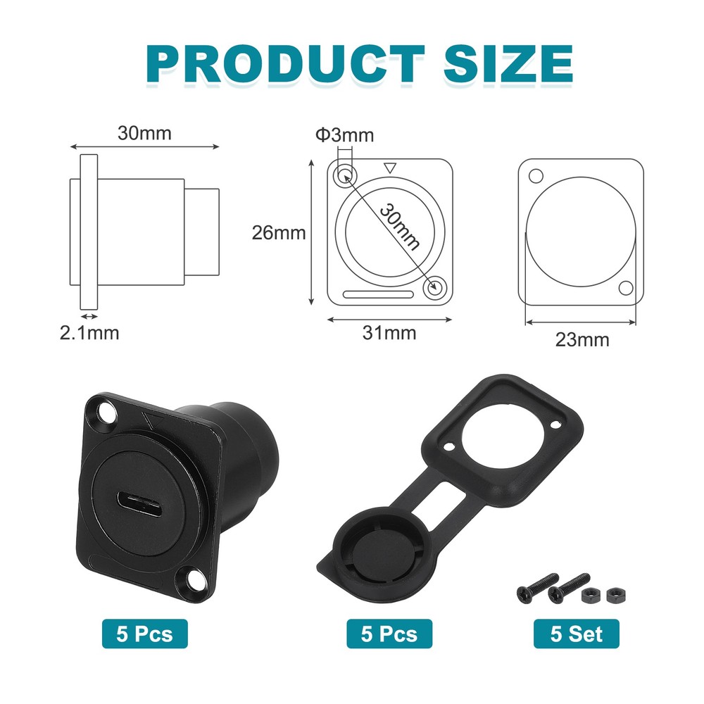 5Pcs Type C Panel Mount Coupler, D-Type USB C Pass Through 10Gbps Black