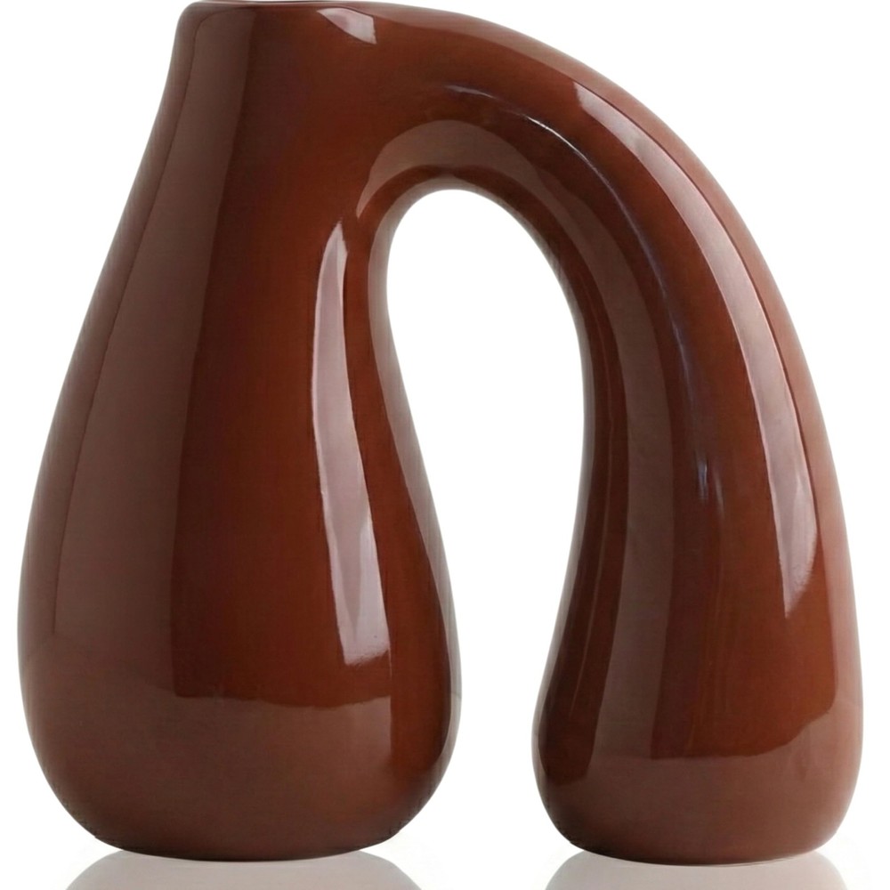 Brown Ceramic Decorative Pitcher Vase, 7.5 in – Glossy Sculptural Arch-Handle...