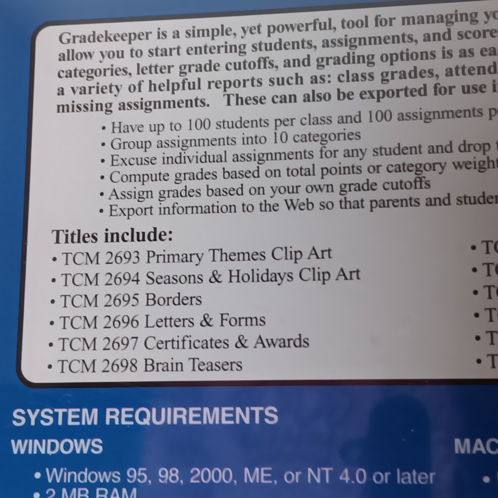 Vintage Software Tools, Gradekeeper, Teacher Created Materials Sealed CD-ROM