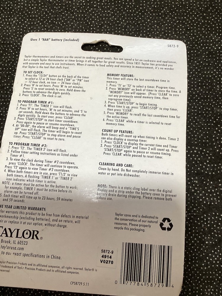 Taylor Dual Event Timer 5872-9 New Gray And Large Numbers