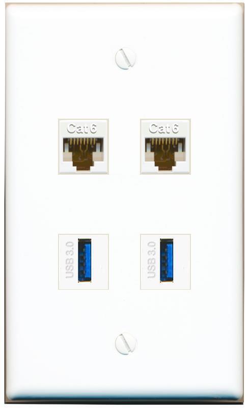 [4 Ports] 2 Cat6 2 USB3 Wall Plate - Flat [White/White]