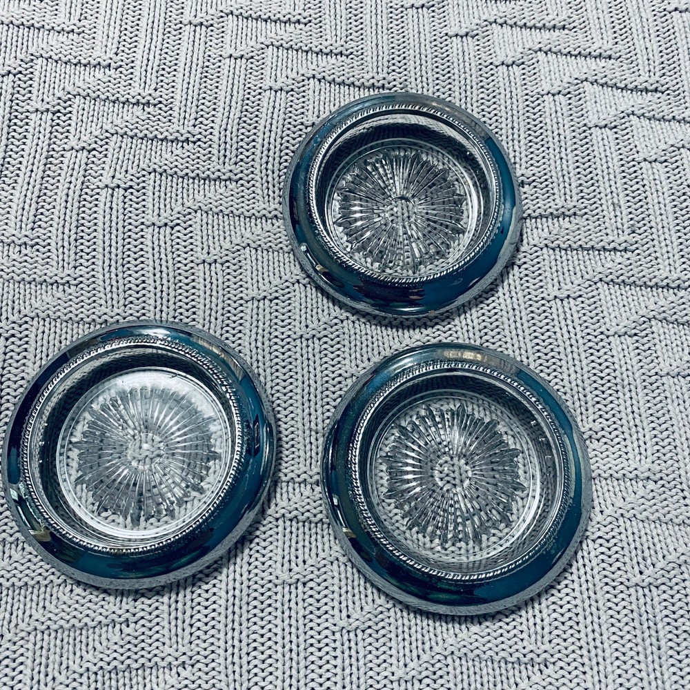 Vintage silver and glass drink coasters