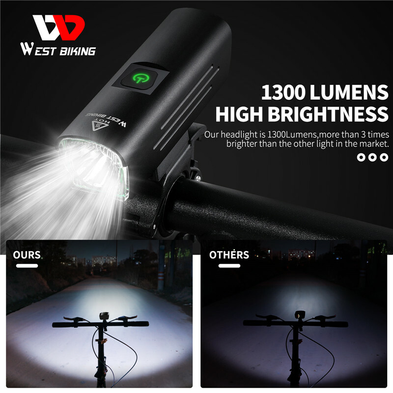 WEST BIKING Bicycle Front Light 1300 Lumen LED USB Rechargeable Light Flashlight
