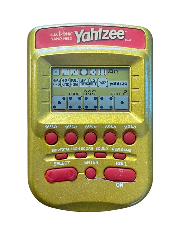 Vintage Yahtzee Electronic Handheld Game Gold & Red Hasbro 2002 Working Tested