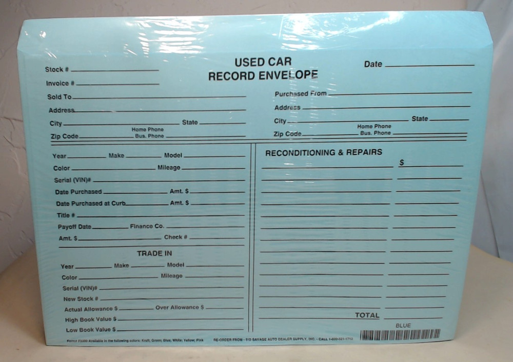 Used Car Record Envelope, 9" x 12" Blue 100 Per Pack