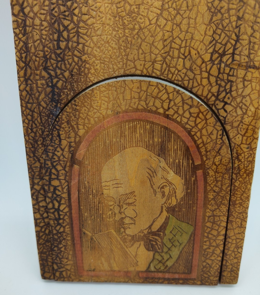 Vintage Antique Pyrography Wood Folding Bookends Old Man Reading Double-Sided