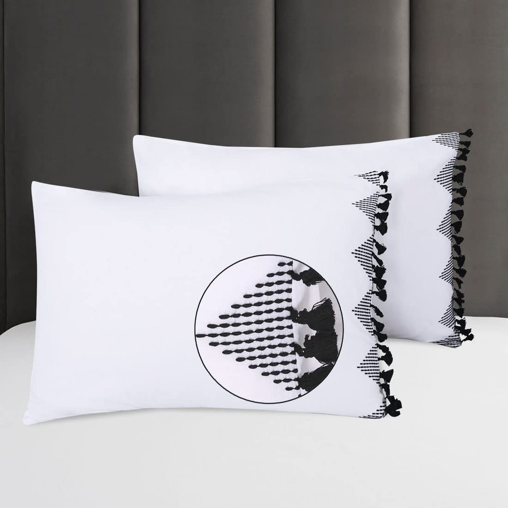 White Pillow Shams Standard Black Tassel Fringed Boho Pillowcase Set of 2 Emb...