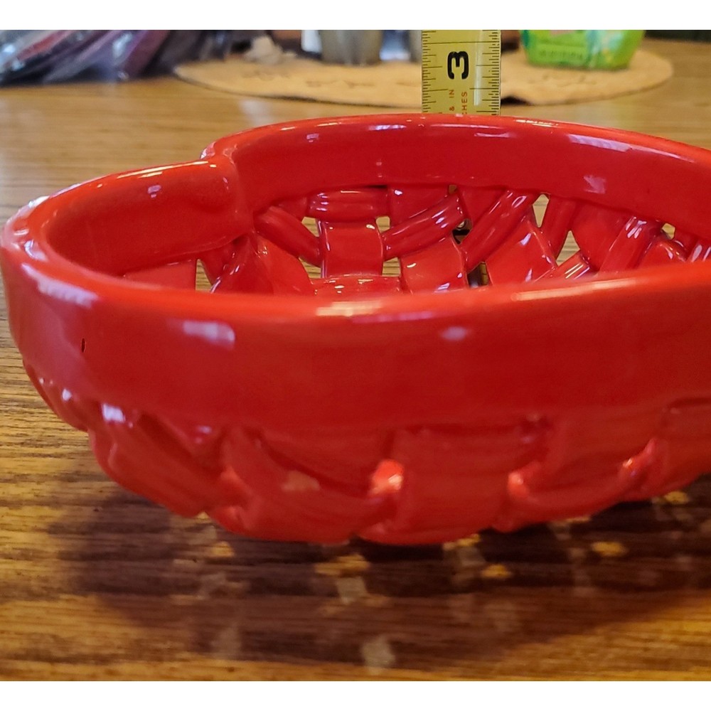 Red Heart Ceramic Woven Basket Dish Bowl