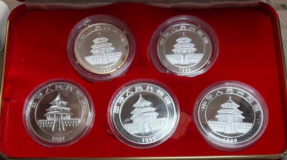 China Panda Colorized Silver 5 Coin Set W/ Case & COAs