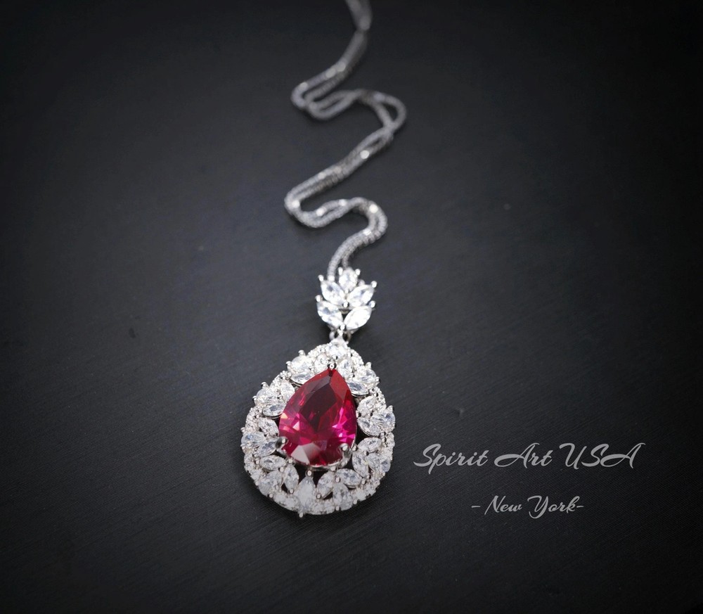 Large Teardrop Ruby Necklace - 3 CT Red Ruby Pendant - Gemstone Petal Flower -