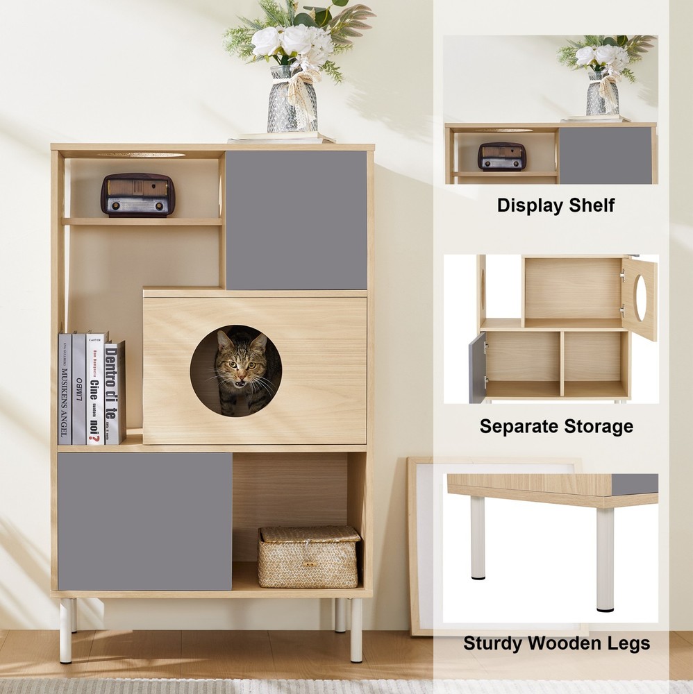 Modern Cat Tree & Side Cabinet with Litter Box & Hidden Storage