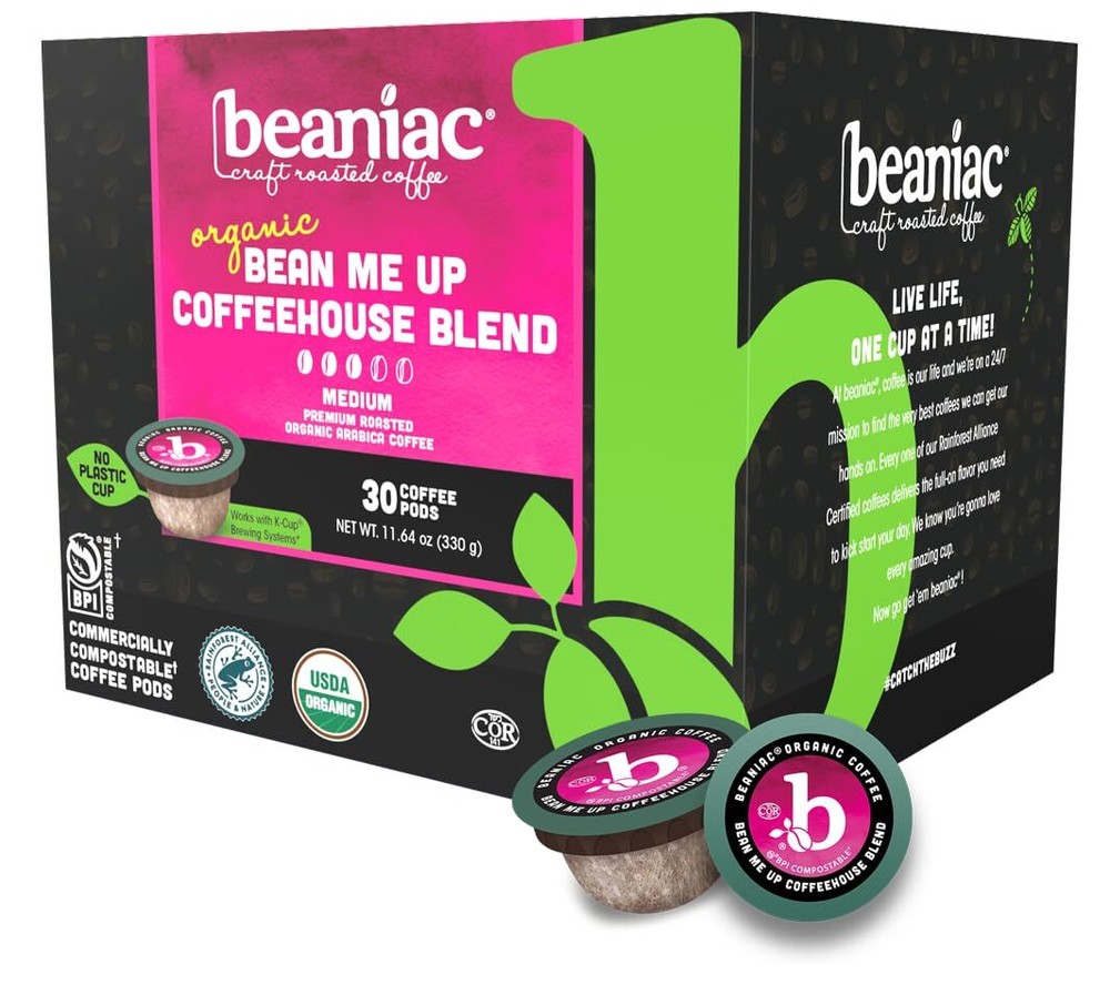 Beaniac Organic Coffeehouse Blend Medium Roast 30 Count Compostable Pods