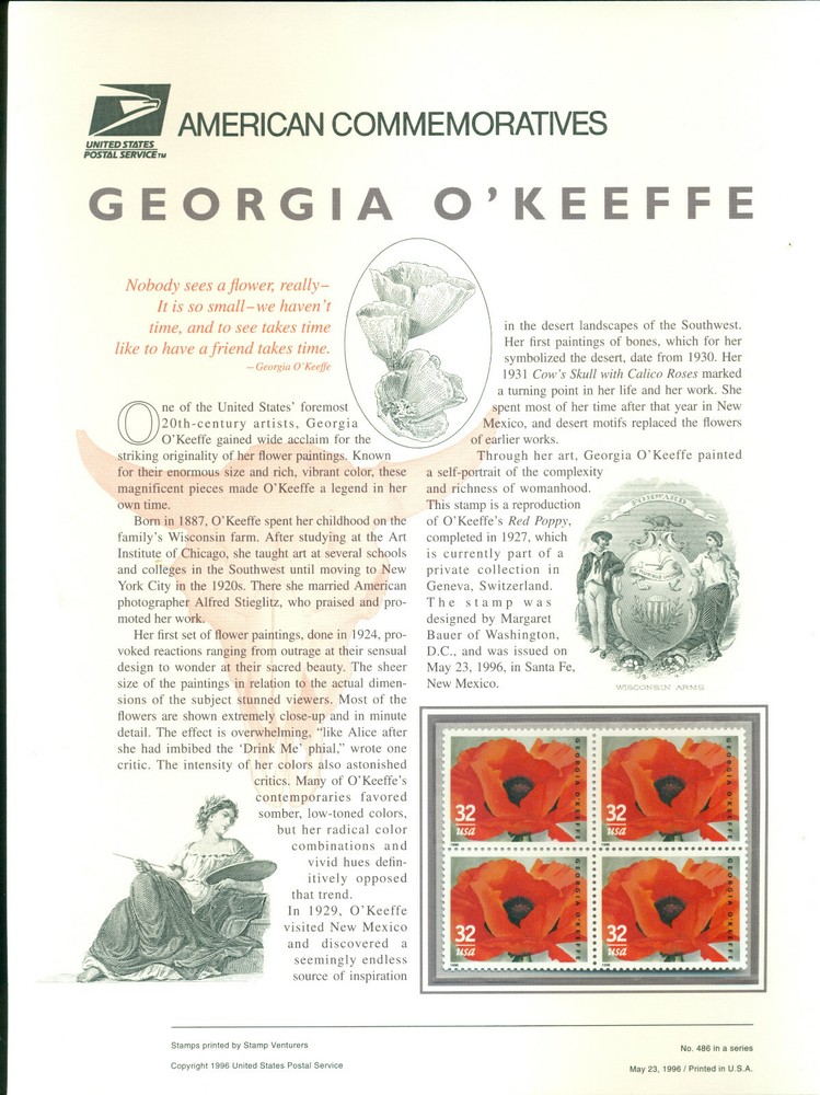 1996 Commemorative Panel Honioring Georgia O'Keeffe